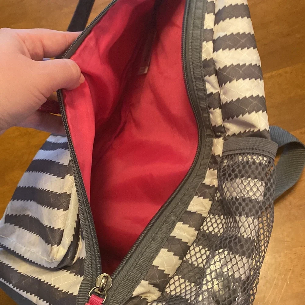 Thirty One Gray White Pink One Strap Crossbody Backpack GUC